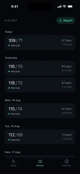 BP AI history list of saved blood pressure readings